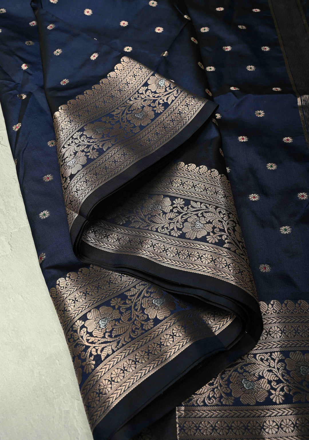 Midnight Blue Semi Silk Saree with Meenakari Chunri Buttis and Alfi Zari Border