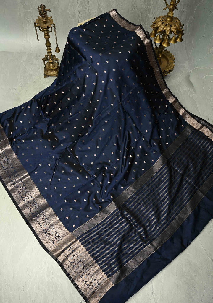 Midnight Blue Semi Silk Saree with Meenakari Chunri Buttis and Alfi Zari Border