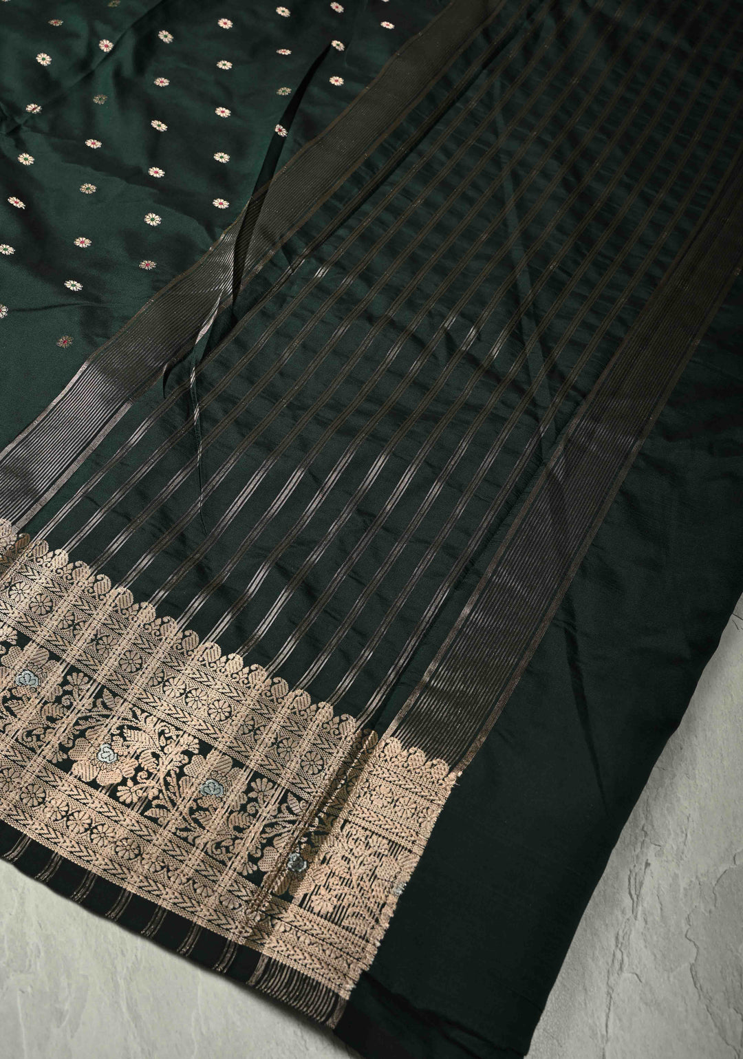 Deep Green Semi Silk Saree with Meenakari Chunri Buttis and Alfi Zari Border