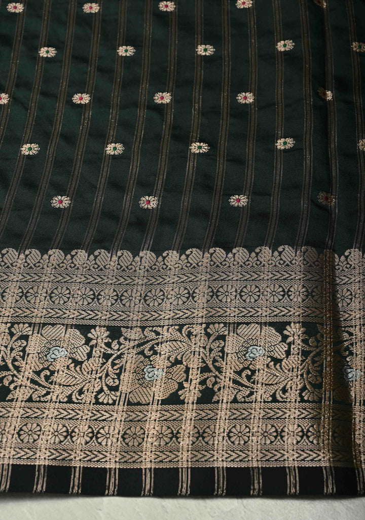 Deep Green Semi Silk Saree with Meenakari Chunri Buttis and Alfi Zari Border