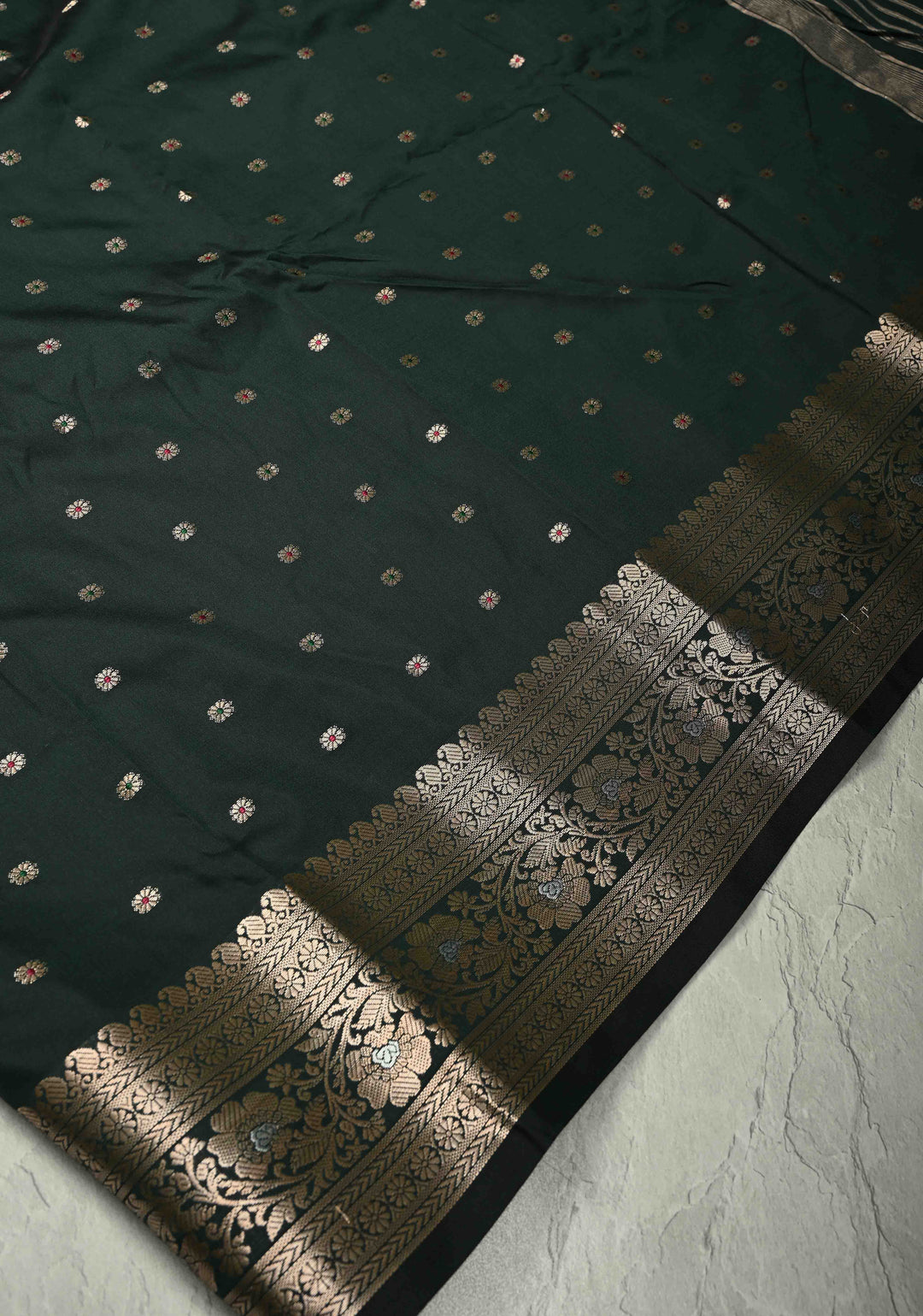 Deep Green Semi Silk Saree with Meenakari Chunri Buttis and Alfi Zari Border