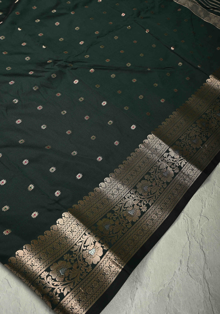 Deep Green Semi Silk Saree with Meenakari Chunri Buttis and Alfi Zari Border
