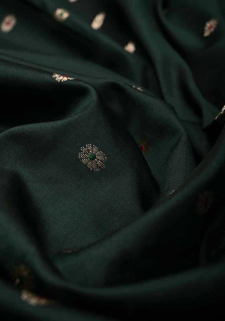 Deep Green Semi Silk Saree with Meenakari Chunri Buttis and Alfi Zari Border