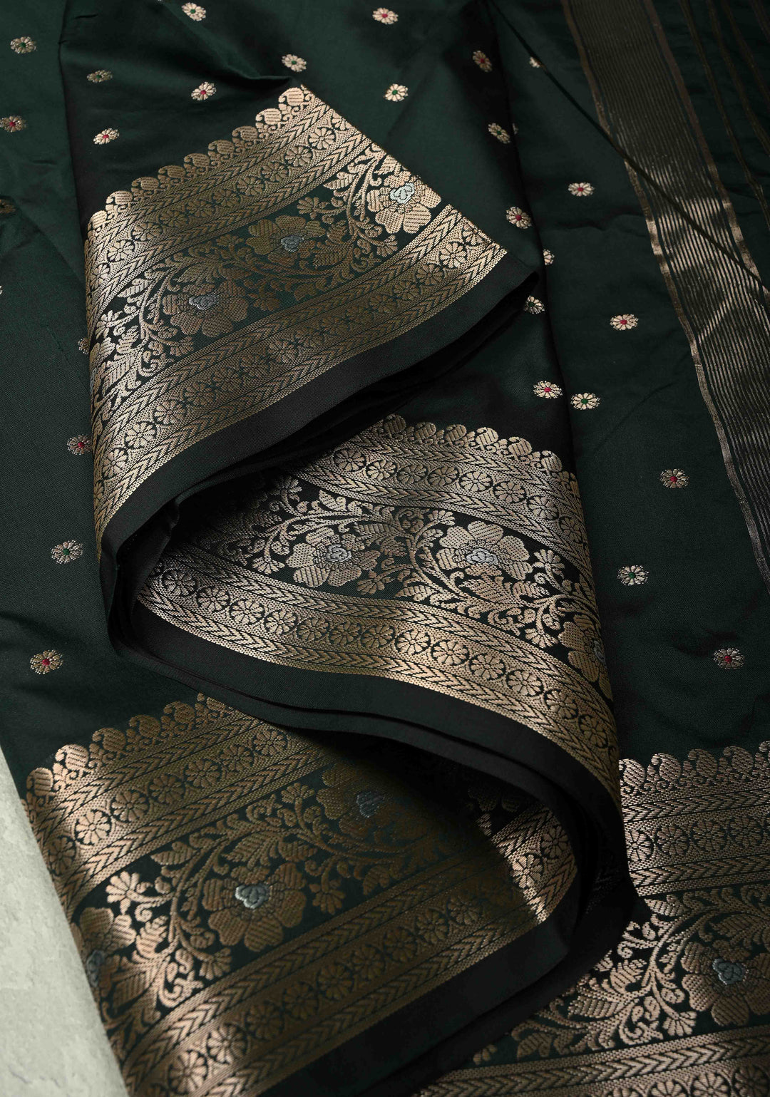 Deep Green Semi Silk Saree with Meenakari Chunri Buttis and Alfi Zari Border