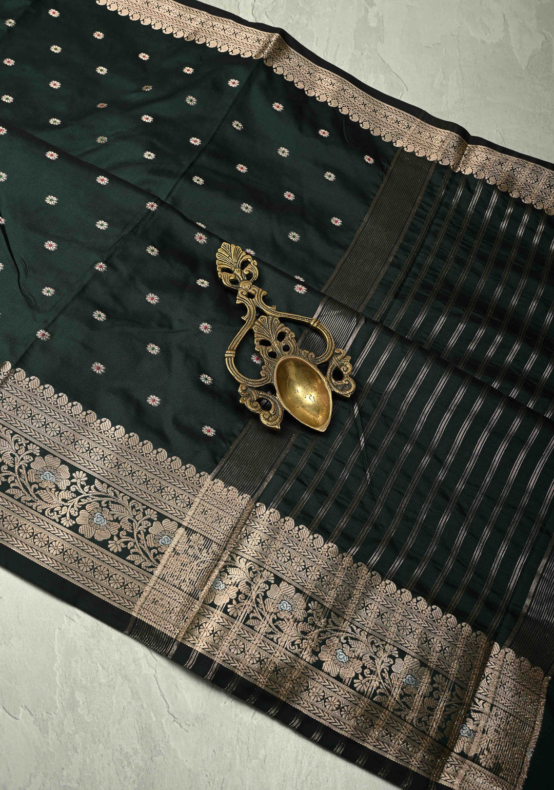 Deep Green Semi Silk Saree with Meenakari Chunri Buttis and Alfi Zari Border