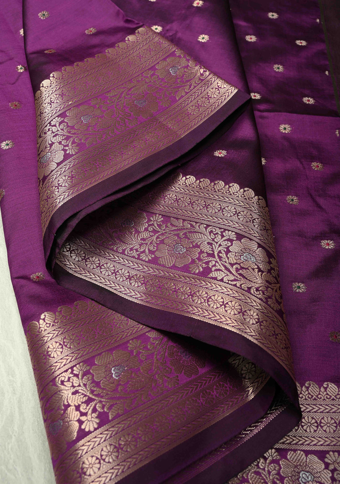 Purple Semi Silk Saree with Meenakari Chunri Buttis and Alfi Zari Border