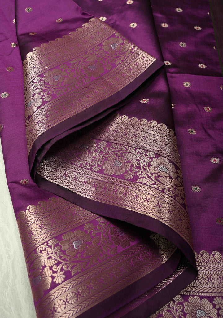 Purple Semi Silk Saree with Meenakari Chunri Buttis and Alfi Zari Border