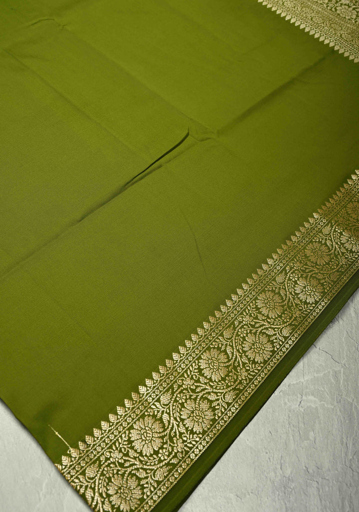 Mehendi Green Semi Silk Saree with Floral Zari Border and Brocade Blouse Piece