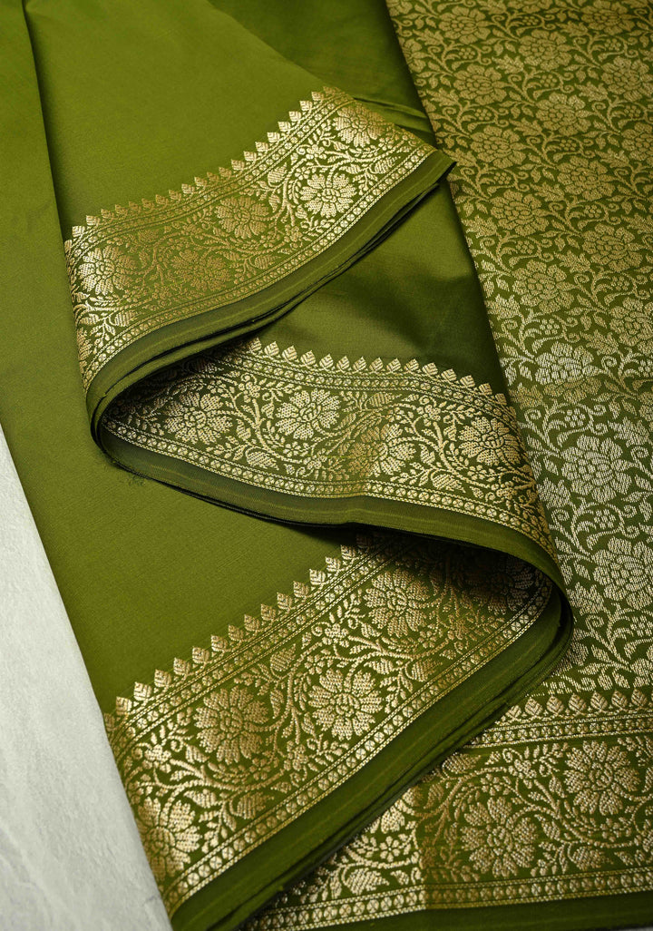 Mehendi Green Semi Silk Saree with Floral Zari Border and Brocade Blouse Piece