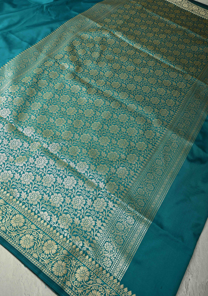Persian Green Semi Silk Saree with Floral Zari Border and Brocade Blouse Piece