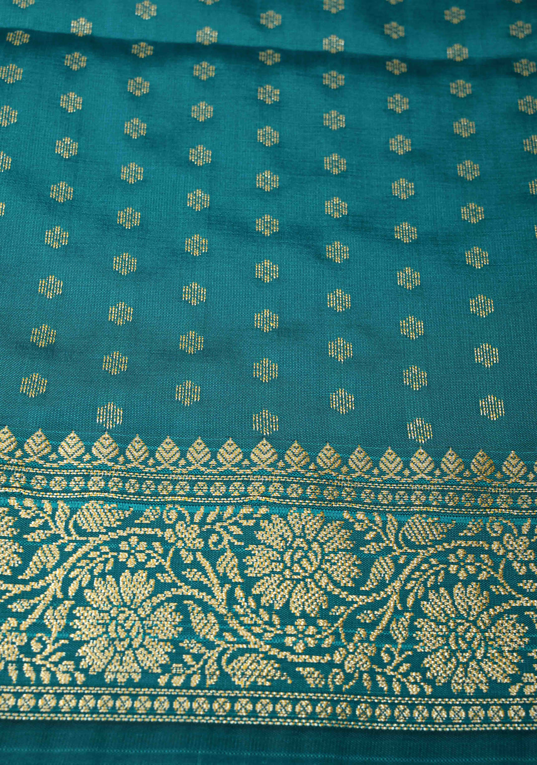 Persian Green Semi Silk Saree with Floral Zari Border and Brocade Blouse Piece