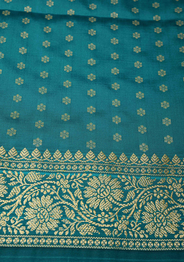 Persian Green Semi Silk Saree with Floral Zari Border and Brocade Blouse Piece