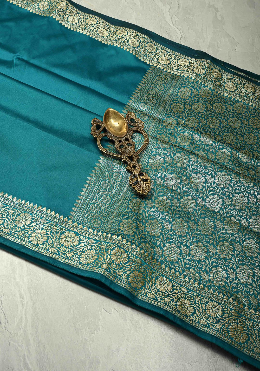Persian Green Semi Silk Saree with Floral Zari Border and Brocade Blouse Piece
