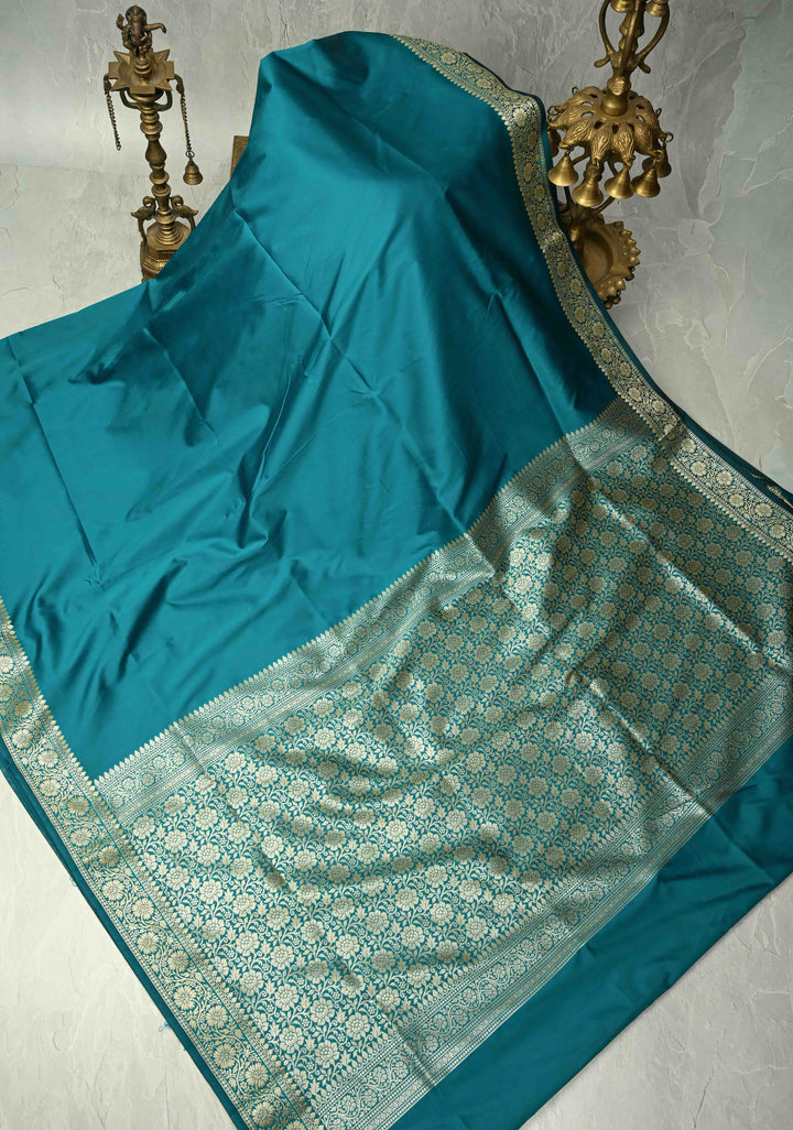 Persian Green Semi Silk Saree with Floral Zari Border and Brocade Blouse Piece