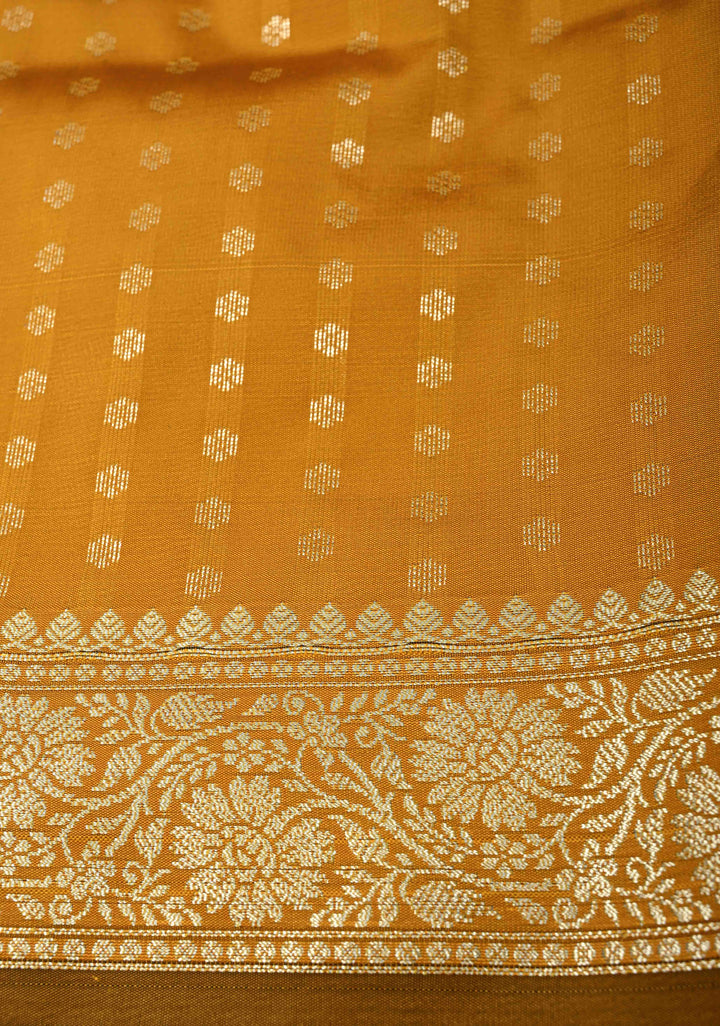 Mustard Semi Silk Saree with Floral Zari Border and Brocade Blouse Piece