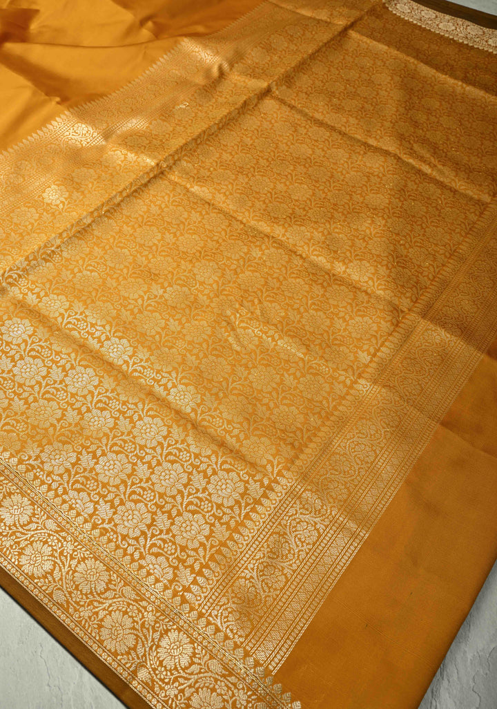 Mustard Semi Silk Saree with Floral Zari Border and Brocade Blouse Piece