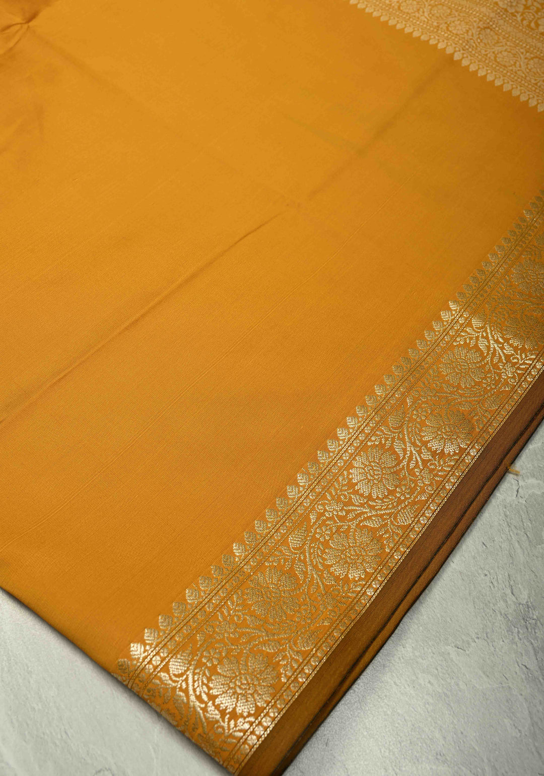 Mustard Semi Silk Saree with Floral Zari Border and Brocade Blouse Piece