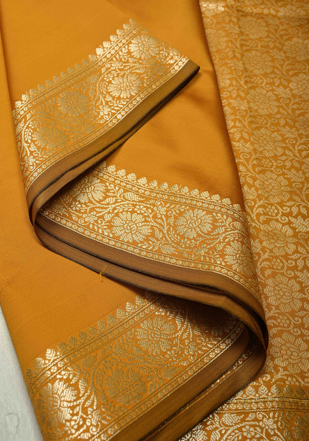 Mustard Semi Silk Saree with Floral Zari Border and Brocade Blouse Piece