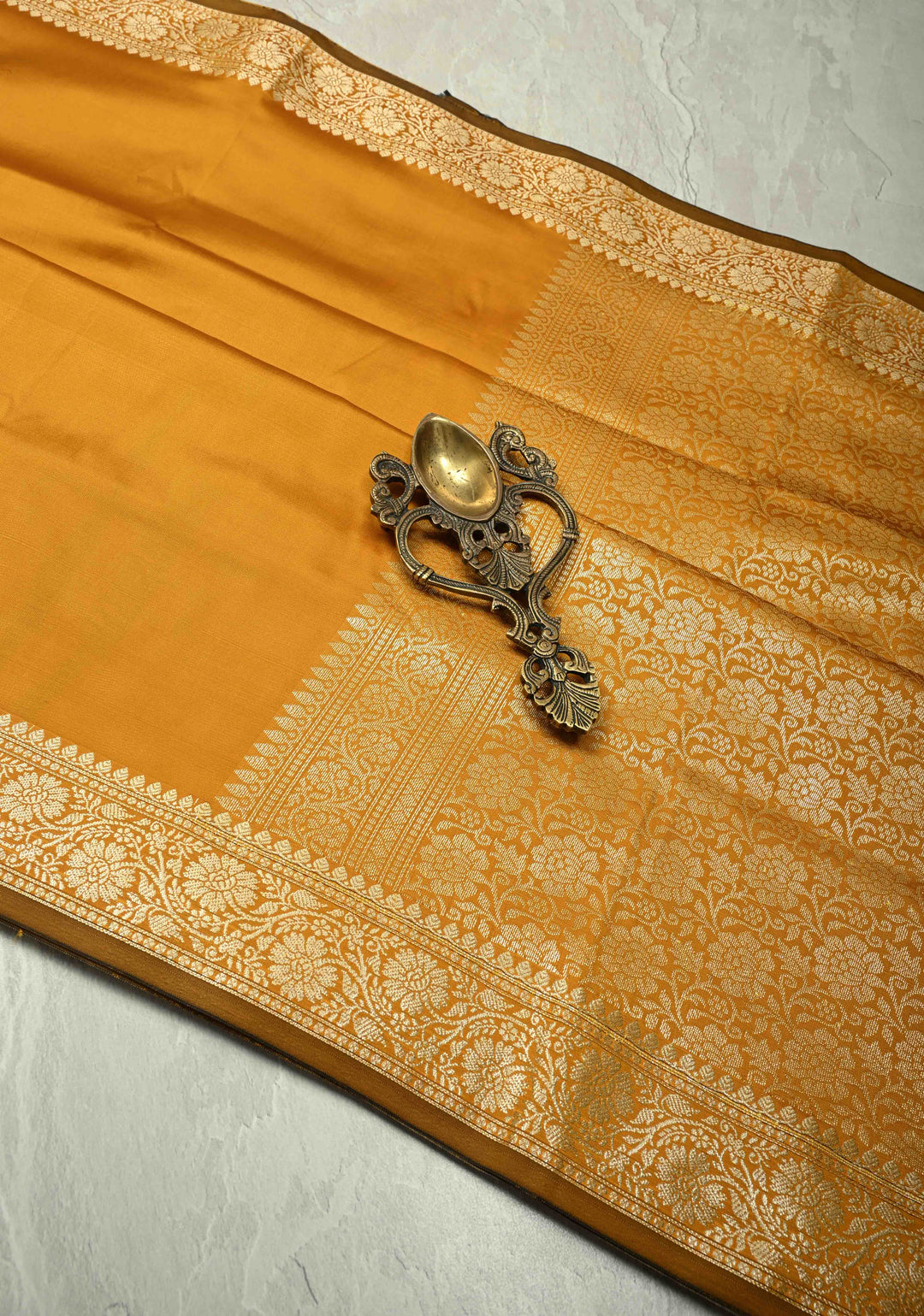 Mustard Semi Silk Saree with Floral Zari Border and Brocade Blouse Piece