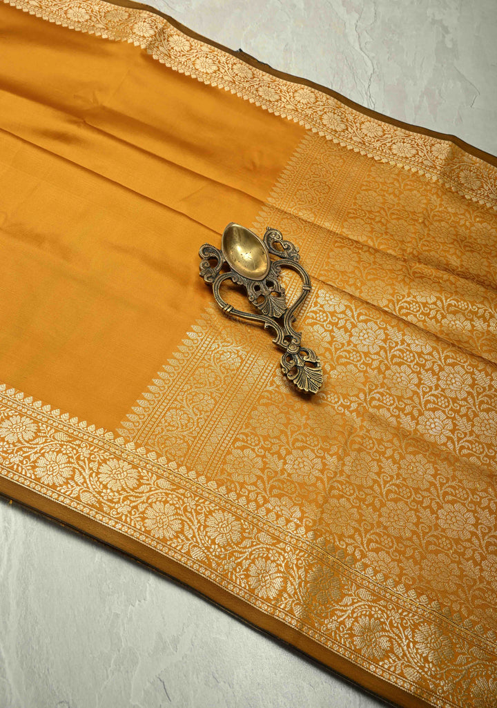Mustard Semi Silk Saree with Floral Zari Border and Brocade Blouse Piece