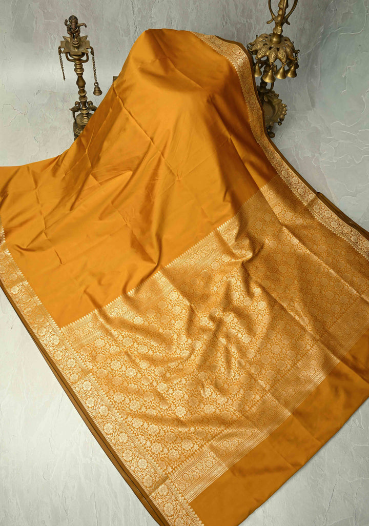 Mustard Semi Silk Saree with Floral Zari Border and Brocade Blouse Piece