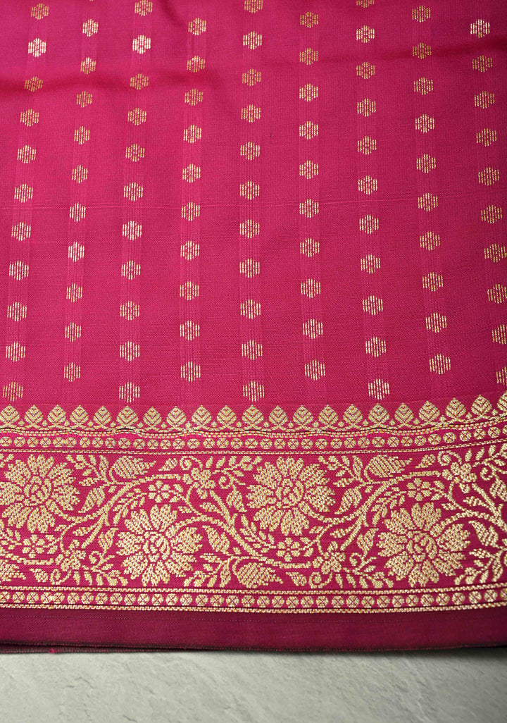 Deep Pink Semi Silk Saree with Floral Zari Border and Brocade Blouse Piece