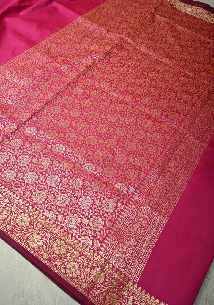 Deep Pink Semi Silk Saree with Floral Zari Border and Brocade Blouse Piece