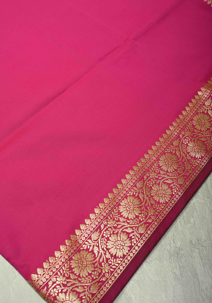 Deep Pink Semi Silk Saree with Floral Zari Border and Brocade Blouse Piece