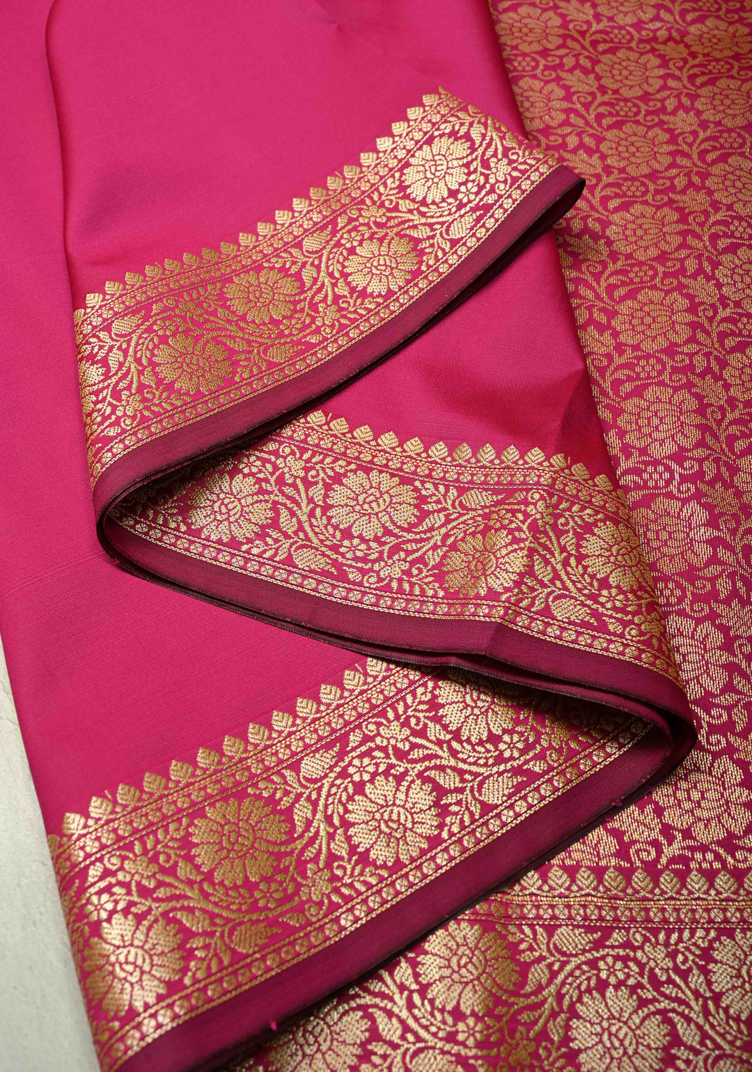 Deep Pink Semi Silk Saree with Floral Zari Border and Brocade Blouse Piece