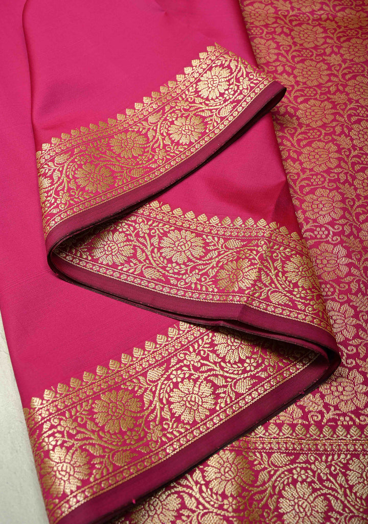 Deep Pink Semi Silk Saree with Floral Zari Border and Brocade Blouse Piece