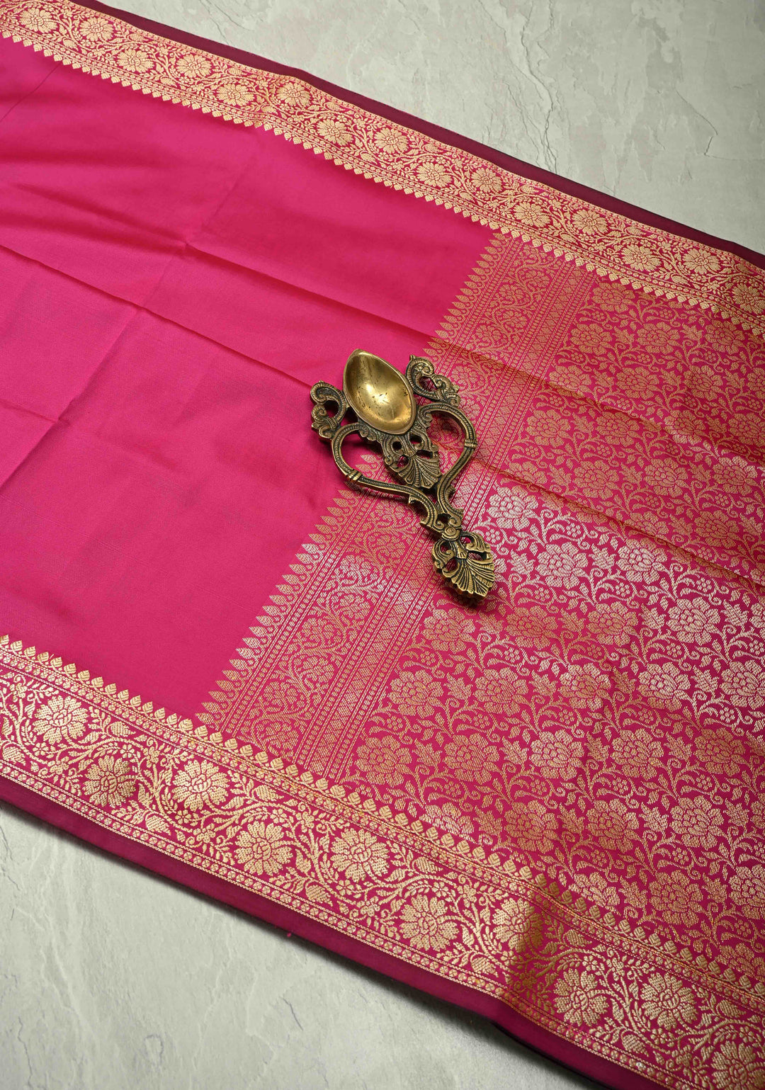 Deep Pink Semi Silk Saree with Floral Zari Border and Brocade Blouse Piece