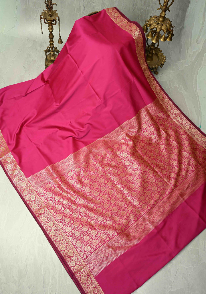 Deep Pink Semi Silk Saree with Floral Zari Border and Brocade Blouse Piece