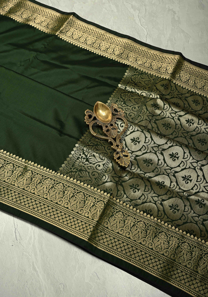 Deep Green Semi Silk Saree with Zari Border