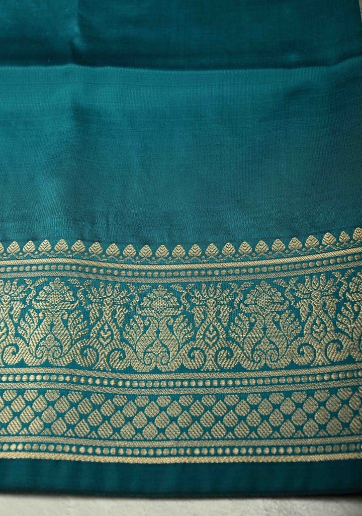 Persian Green Semi Silk Saree with Floral Zari Border, Brocade Blouse Piece