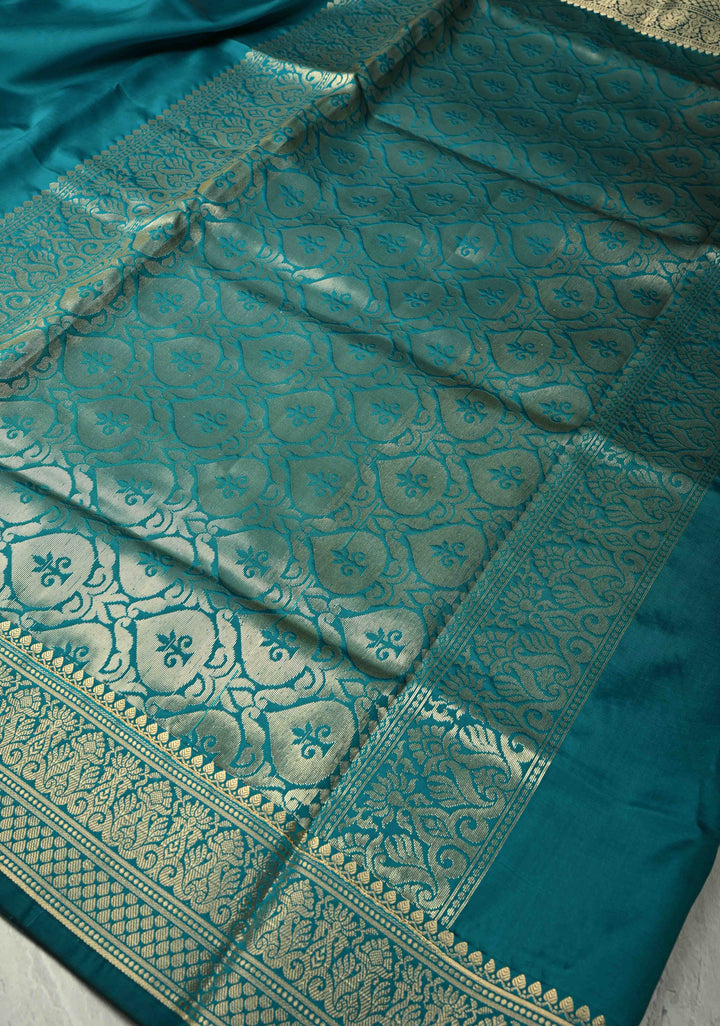 Persian Green Semi Silk Saree with Floral Zari Border, Brocade Blouse Piece