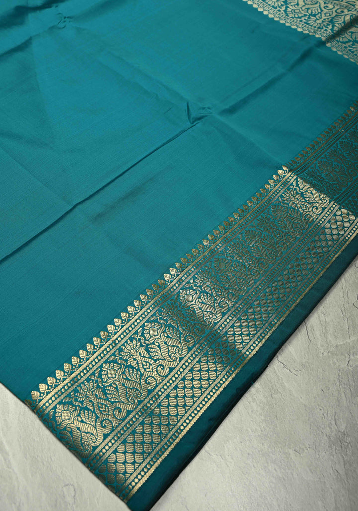 Persian Green Semi Silk Saree with Floral Zari Border, Brocade Blouse Piece
