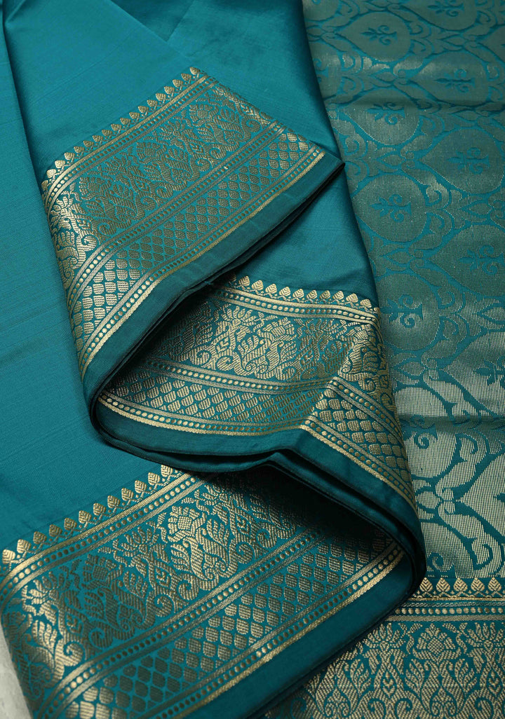 Persian Green Semi Silk Saree with Floral Zari Border, Brocade Blouse Piece