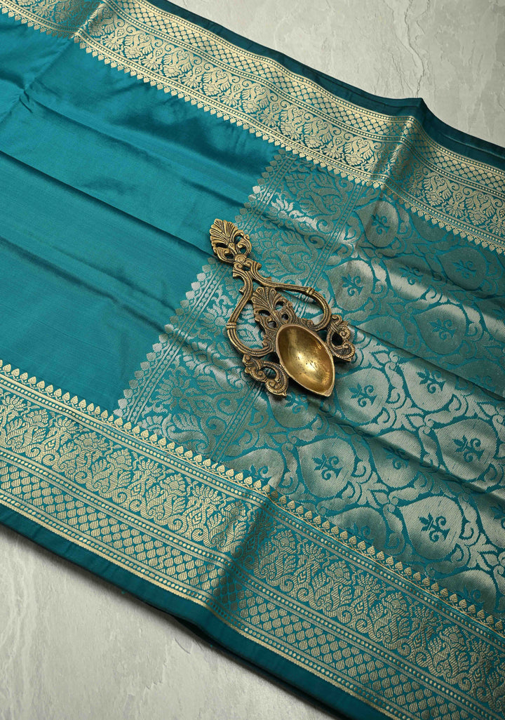 Persian Green Semi Silk Saree with Floral Zari Border, Brocade Blouse Piece