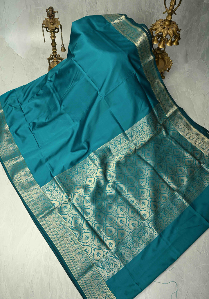 Persian Green Semi Silk Saree with Floral Zari Border, Brocade Blouse Piece