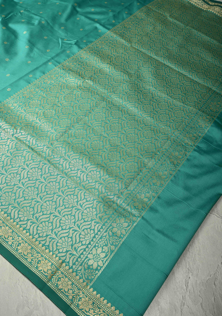 Dark Mint Semi Silk Saree with Chunri Buttis and Minimal Zari Border