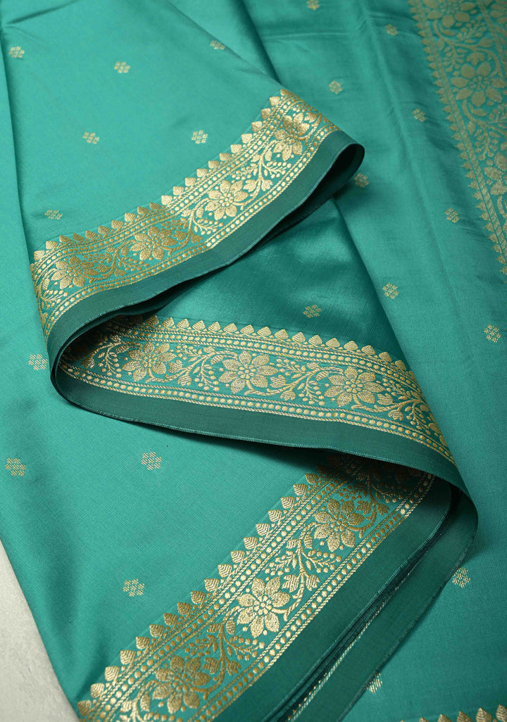 Dark Mint Semi Silk Saree with Chunri Buttis and Minimal Zari Border