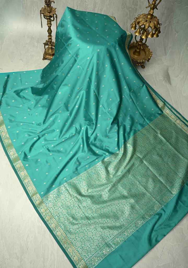 Dark Mint Semi Silk Saree with Chunri Buttis and Minimal Zari Border