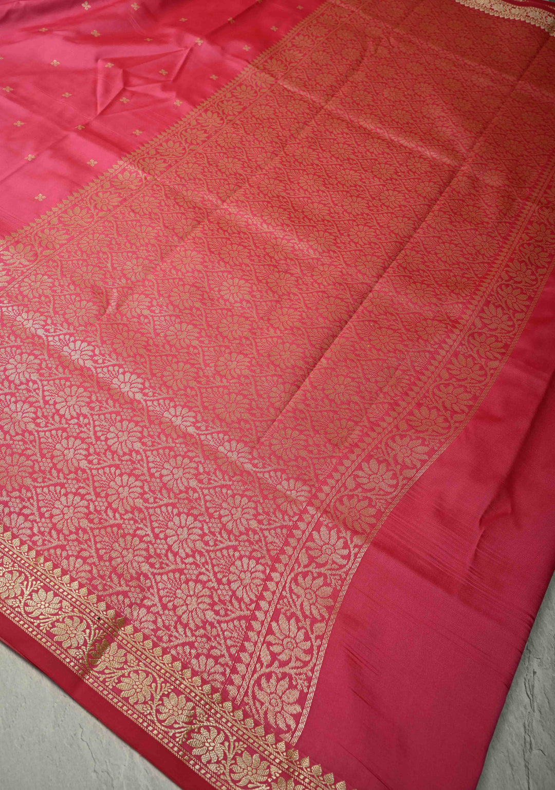 French Rose Semi Silk Saree with Chunri Buttis and Minimal Zari Border