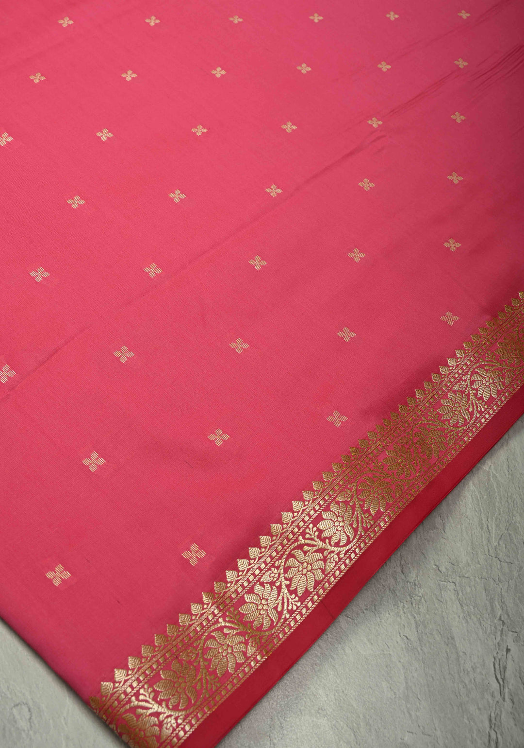 French Rose Semi Silk Saree with Chunri Buttis and Minimal Zari Border