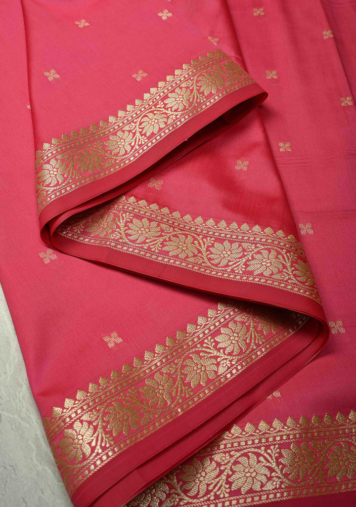 French Rose Semi Silk Saree with Chunri Buttis and Minimal Zari Border