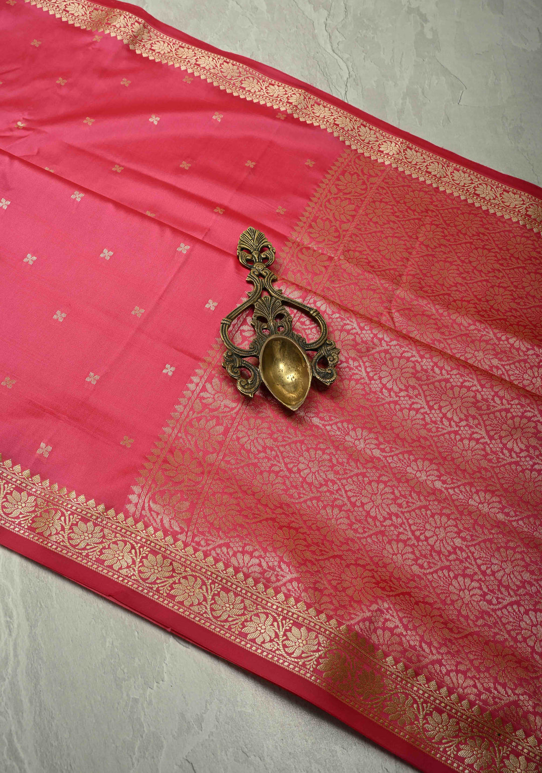 French Rose Semi Silk Saree with Chunri Buttis and Minimal Zari Border