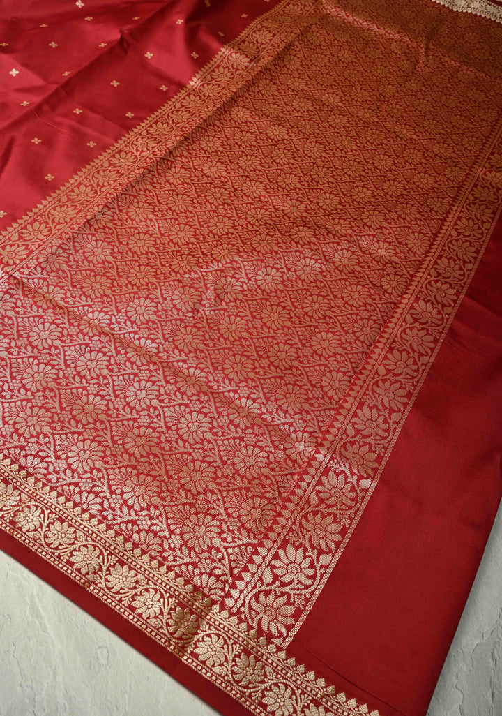Blood Red Semi Silk Saree with Chunri Buttis and Minimal Zari Border