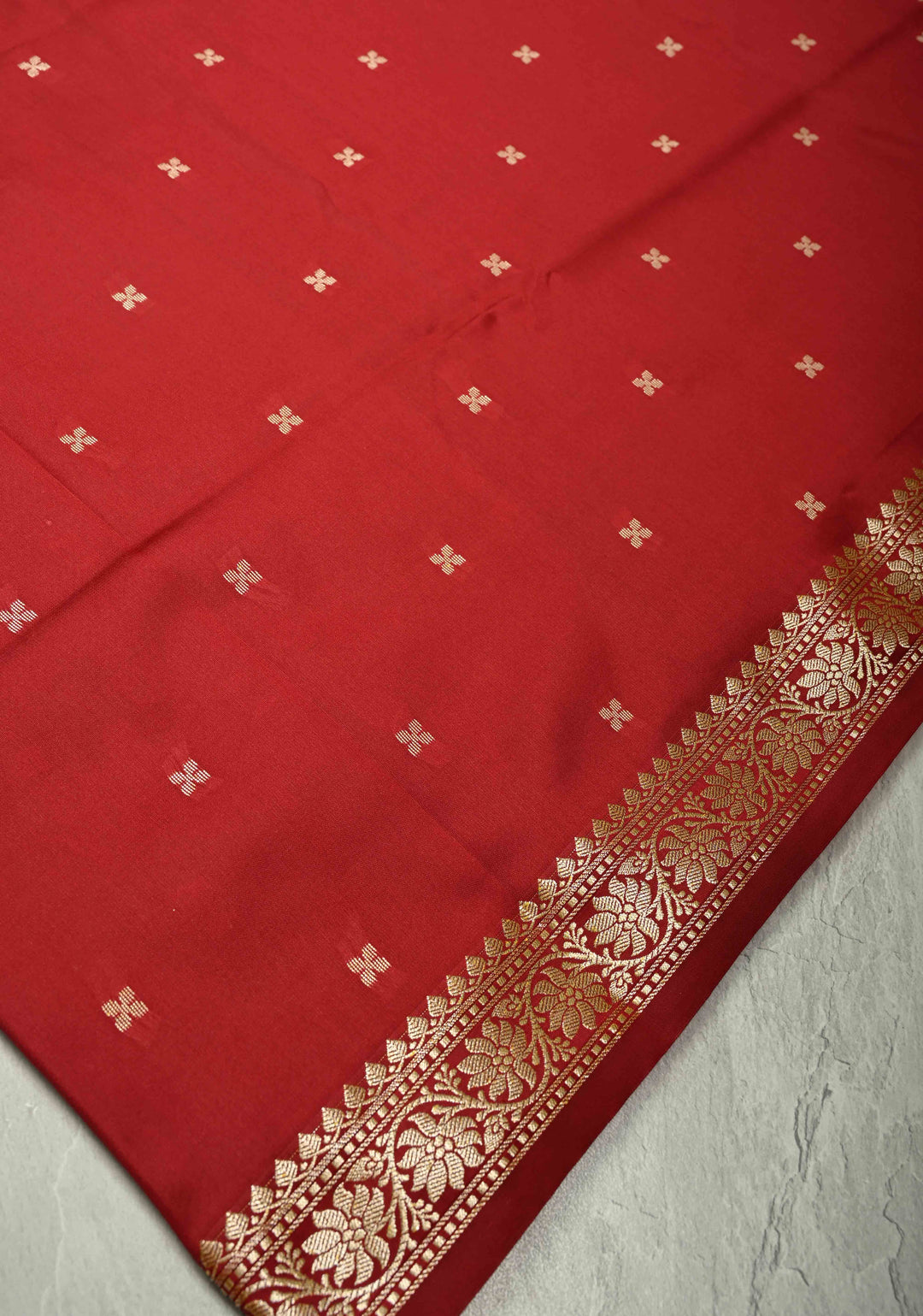 Blood Red Semi Silk Saree with Chunri Buttis and Minimal Zari Border