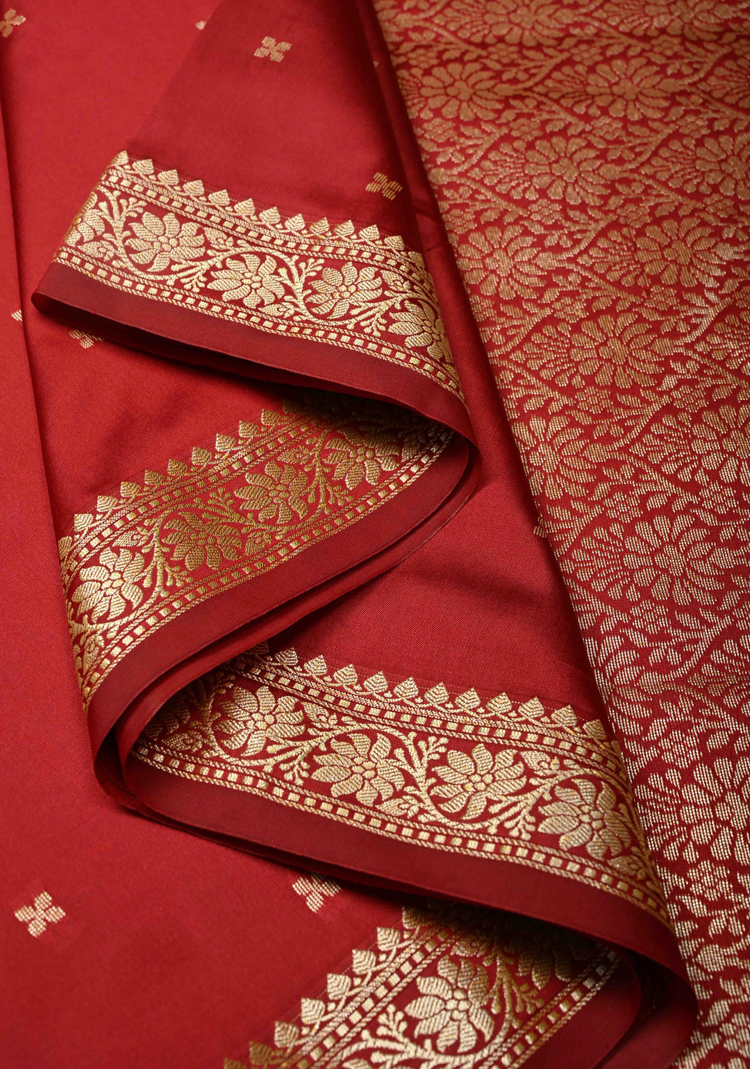 Blood Red Semi Silk Saree with Chunri Buttis and Minimal Zari Border