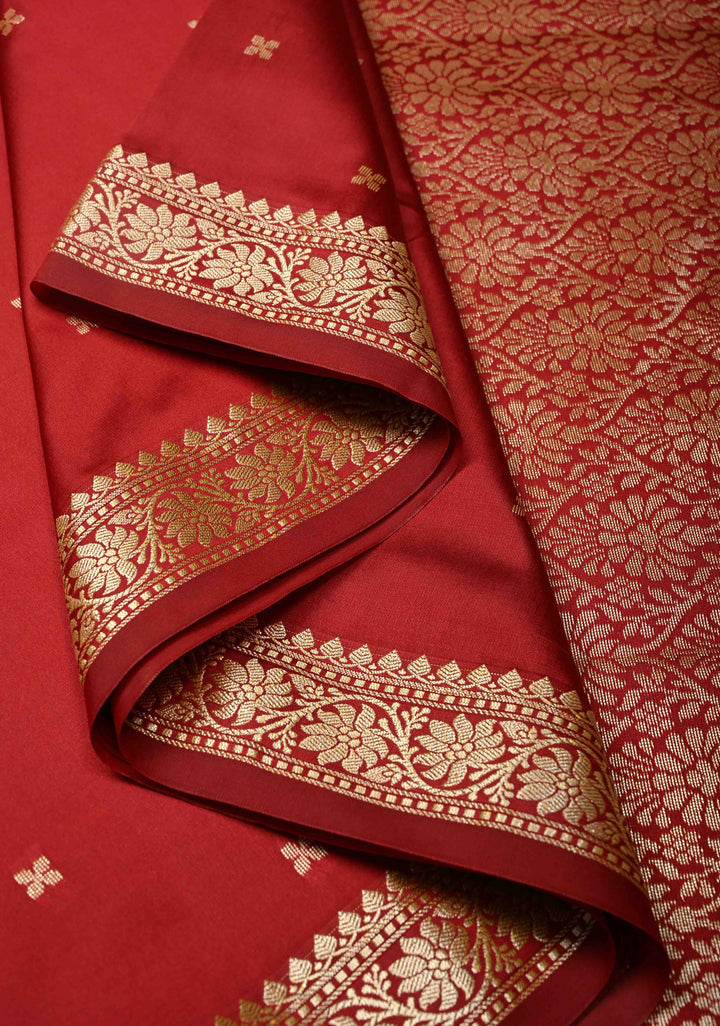 Blood Red Semi Silk Saree with Chunri Buttis and Minimal Zari Border
